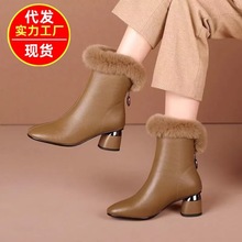 2025秋冬季马丁靴新款复古粗跟短靴毛毛口保暖女靴中年加绒妈妈靴