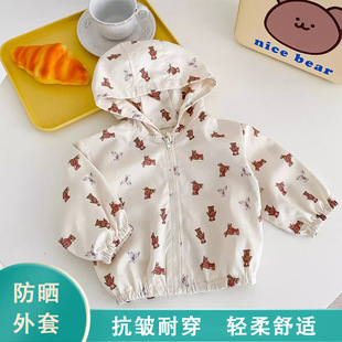 Children's Baby Print Spring and Summer Windproof Sun Protection Clothing Infant and Toddler Style Cardigan Long-Sleeved Thin Hooded Jacket Wholesale
