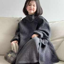 韩系穿搭童装女童仿双面羊绒大衣秋冬洋气长款女孩时髦高级灰外套