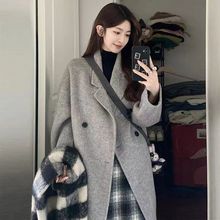 2023秋冬季中长款过膝小香风毛呢外套女高级感灰色小个子呢子大衣