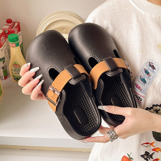 Korean Style Retro Big Head Flat Slippers 2024 New Slip-on Baotou Half Sandals Soft Bottom Round Head Sandals for Women