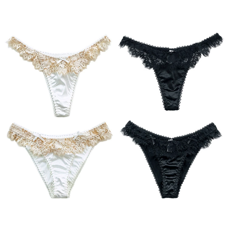 Lace elastic thong panties, women, bow accent, sheer stretch lace, S–XL