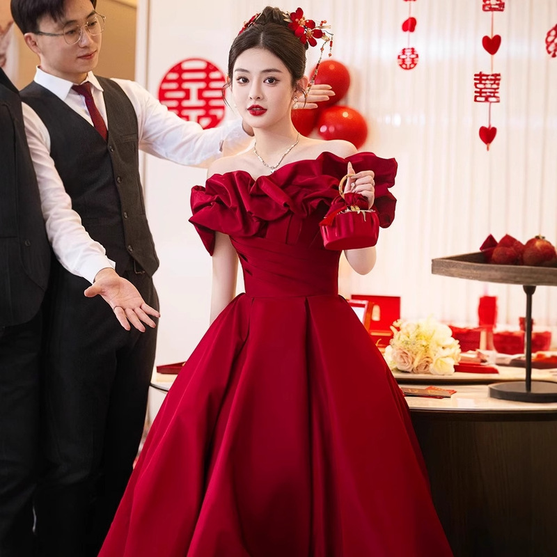 One-Shoulder Toast Dress for the Bride, High-End Satin, New Style Engagement Dress, Plus Size Dress, Burgundy