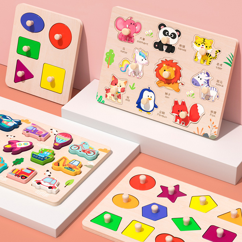 Montessori educación temprana tablero de mano rompecabezas bloques de construcción bebé niños forma coincidente panel 1-2 años bebé juguetes educativos