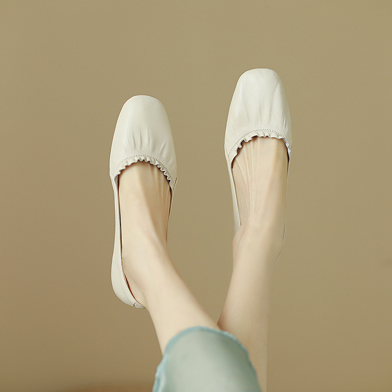 Giày ballet nữ đế bằng da bò mềm mũi tròn phong cách văn nghệ — Màu đỏ rượu