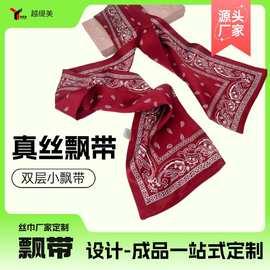 真丝长条丝巾桑蚕丝欧美简约女百搭发带双层高级感印花飘带