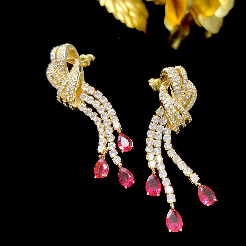 1 Pair Lady Water Droplets Knot Tassel Inlay Copper Zircon Drop Earrings display picture 10