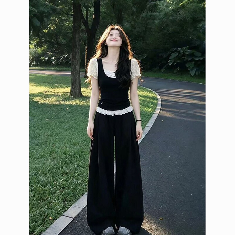 Women's Set 2026 Summer New Style Pure Desire Spicy Girl Fake Two-Piece Short-Sleeve T-Shirt High-Waisted Slimming Wide-Leg Pants Two-Piece Set Women's Set 2026 Summer New Style Pure Desire Spicy Girl Fake Two-Piece Short-Sleeve T-Shirt High-Waisted Slimming Wide-Leg Pants Two-Piece Set