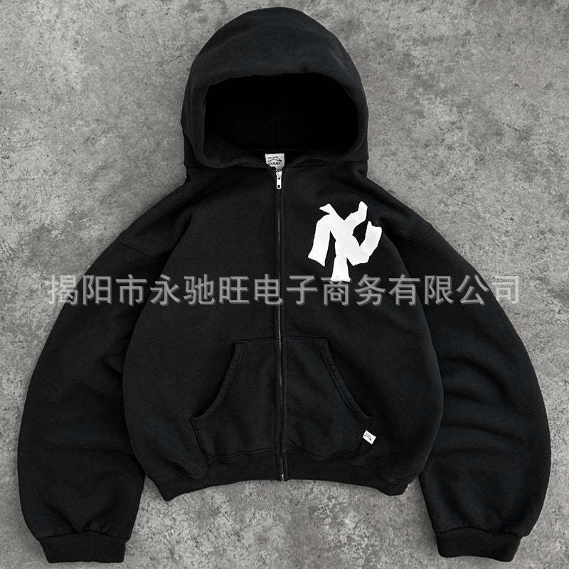 2024高级设计感欧美潮跨境专供小众潮牌街头连帽男士卫衣开衫外套