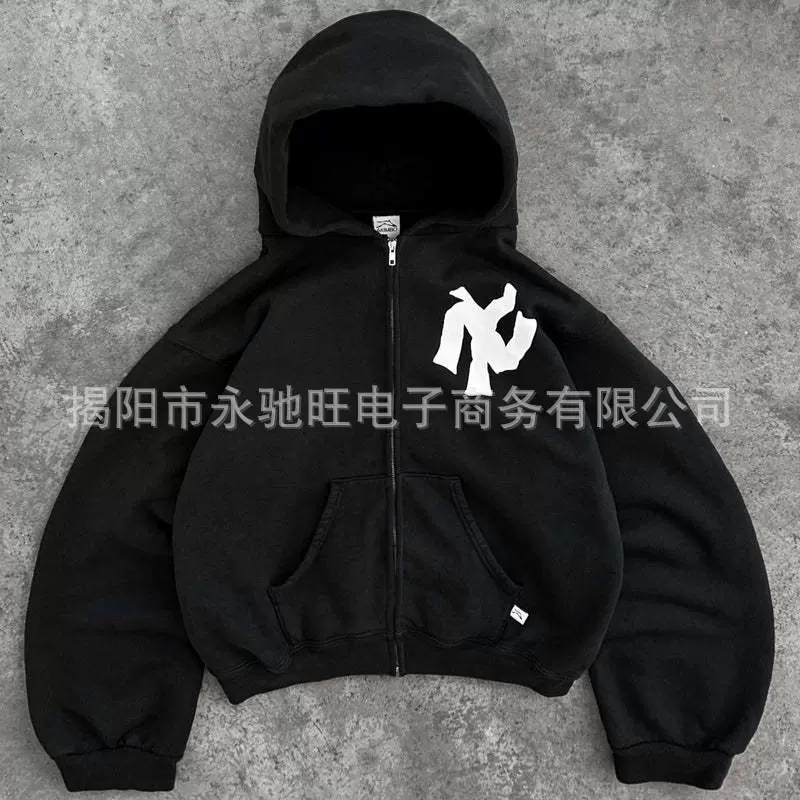 2024高级设计感欧美潮跨境专供小众潮牌街头连帽男士卫衣开衫外套