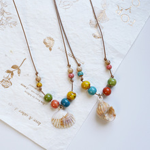 跨境小众彩色海洋系海螺贝壳景德镇陶瓷串珠项链锁骨链清新甜美