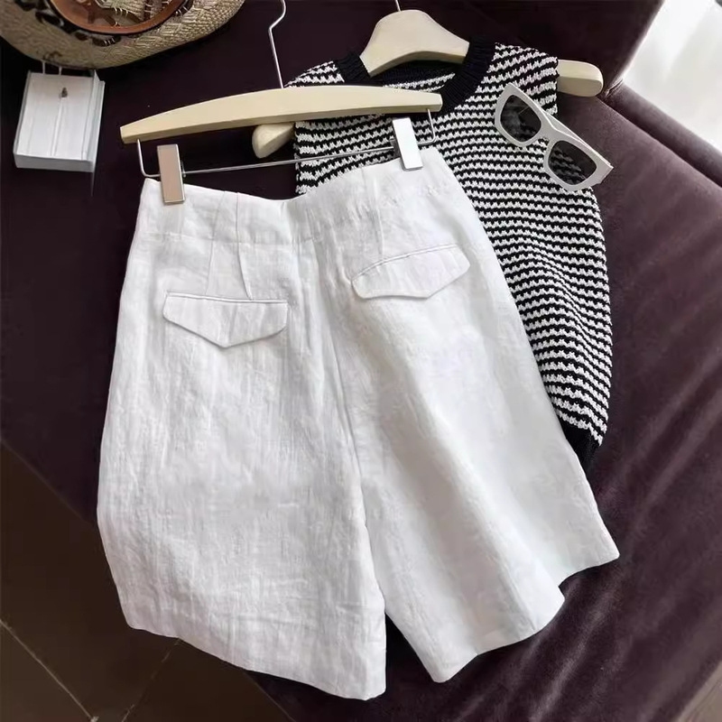 Summer bi in! Five-point Pants Women's High-waist Cotton and Linen Hong Kong-style Shorts Loose Straight Wide-leg Slim-fit Casual Pants Thin