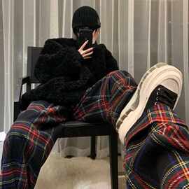 加厚毛呢阔腿裤女秋冬新款韩版宽松显瘦直筒裤高腰格子休闲拖地裤