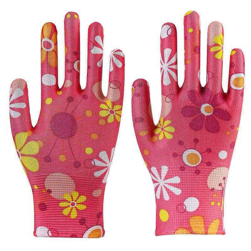 Juego de guantes de palma recubiertos de PU coloridos para mujer, protección laboral, antideslizantes, estampados, engomados, al por mayor, guantes finos de protección laboral image 17