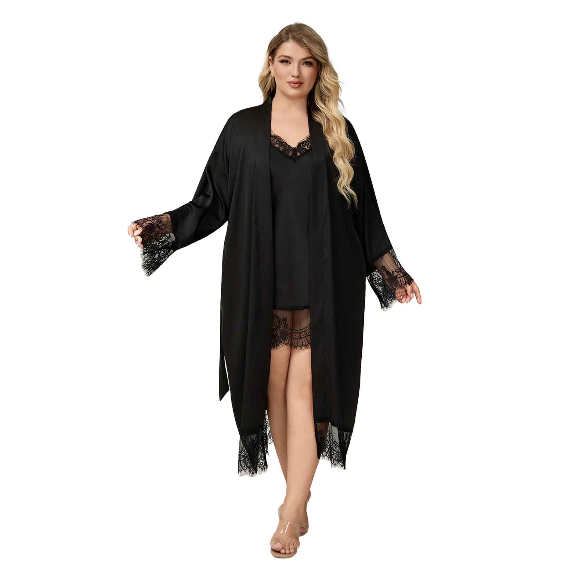 Yaoting satén de chiffón de primavera y otoño pijama de encaje de mangas largas pijama de tamaño grande DP3822