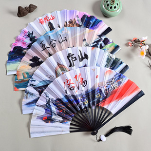 Chinese Style Mesh Oxford Cloth Tassel Pendant Ink Painting Fan 9inch Ancient Style Waterproof National Trend Ancient Style Folding Fan