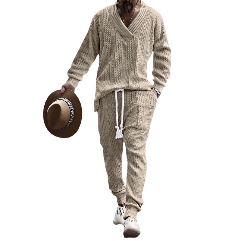 2026 estación independiente transfronteriza Europa y América ropa de hombre primavera y otoño conjunto de pantalones casuales de cuello en V jersey jacquard universal