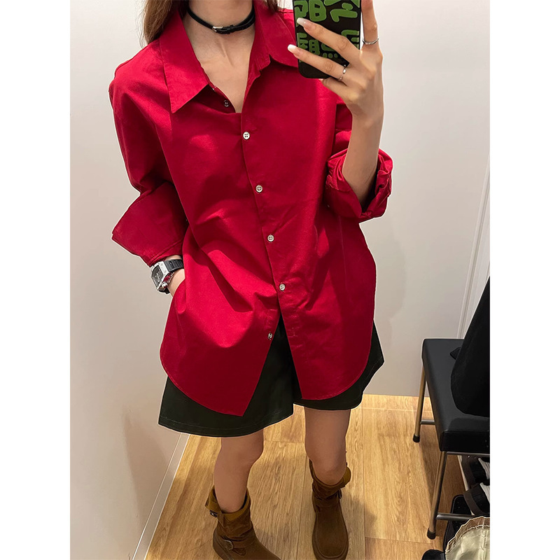 White Retro Red Shirt Tops for Women Korean Style Cool High-End Niche Long-Sleeved Casual Loose Layered Shirts for Women