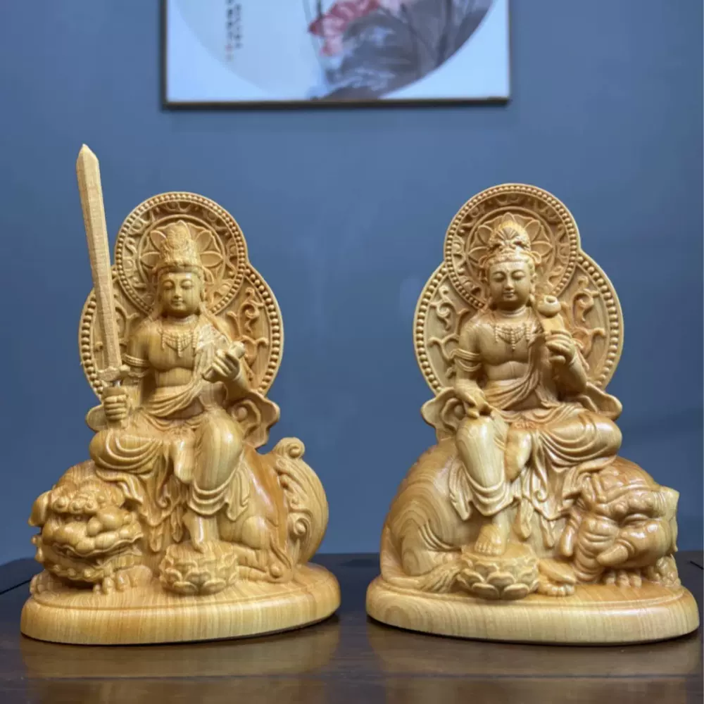 太行崖柏木雕文殊普贤菩萨摆件实木雕刻工艺品创意根雕家居装饰品