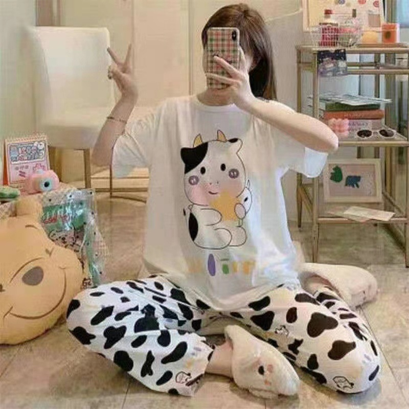 女性のためのパジャマ夏半袖韓国スタイル春と秋のかわいいズボン薄い 2025 ルーズホーム服セット大きいサイズ漫画