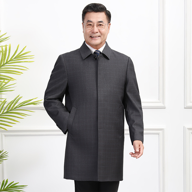 2026 봄 가을 중노년 남성용 윈드브레이커 코트 남성용 오버코트 라펠 다크 체크무늬 상의 라이트 비즈니스 스타일 중간 길이