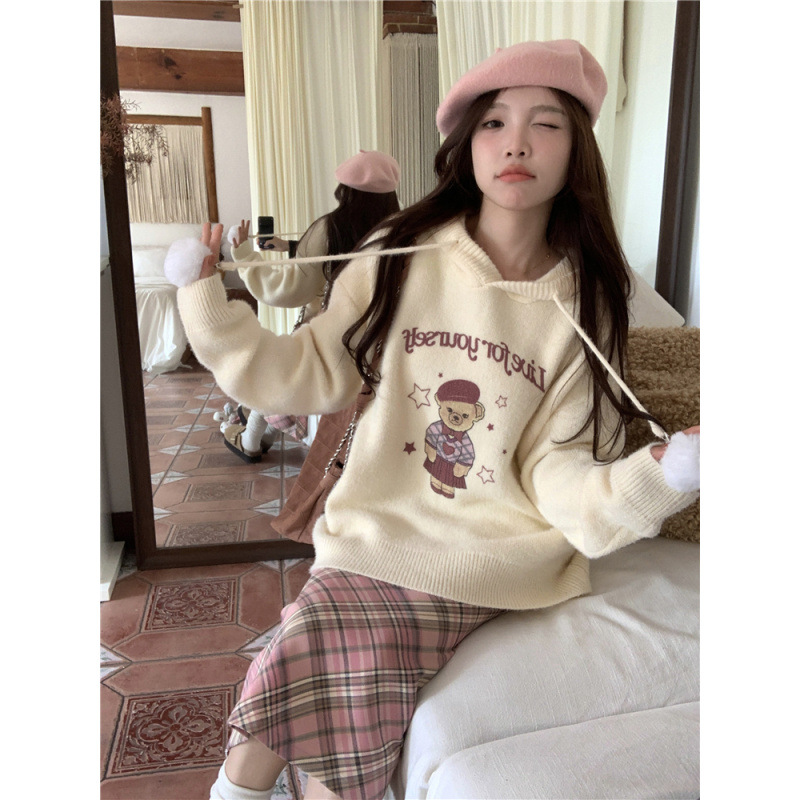 플러스 사이즈 게으른 대학 스타일 모피 볼 후드 스웨터 격자 모직 스커트 JK 세트 여성 트렌디