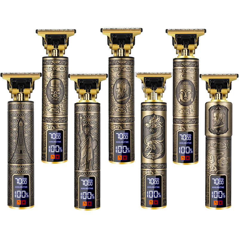 T9 Buda cabeza eléctrica Clipper empuje blanco gradiente aceite cabeza tijeras cabeza profesional peluquería talla Clipper grabado cortadora de cabello