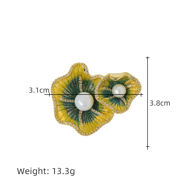 Esmalte de moda pintado cristal brillante broche de hoja de loto pin de cera de miel de perla de jade pectoral [accesorios DIY]