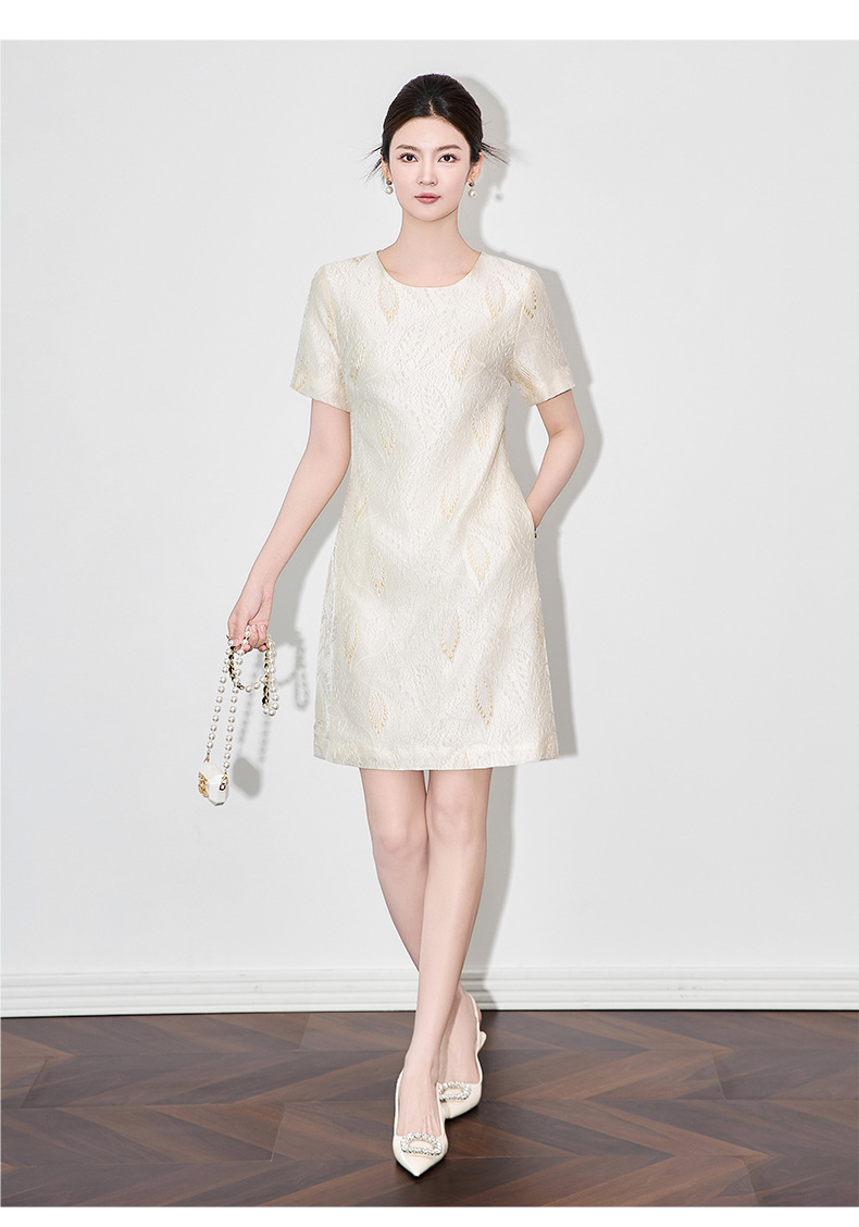 Váy ngắn tay nữ họa tiết jacquard mạ vàng phù điêu thanh lịch — Màu xanh lam chi tiết 13