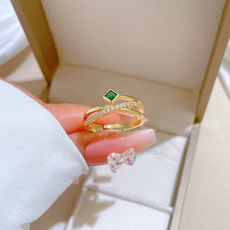 Anello a croce verde con diamanti incastonati, apertura regolabile, gioiello semplice giapponese, anello per coppie_voghion.com