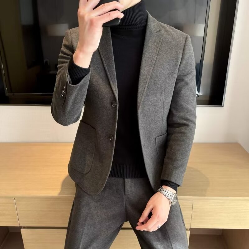 Autumn and Winter Men's Casual Suit Jacket Slim Fit Korean Style Woolen Small Suit Set Business Top and Trousers Trendy