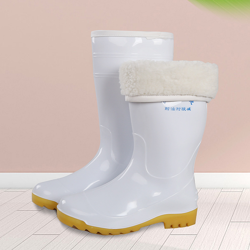 食品卫生靴中高筒白色棉雨鞋防滑耐油耐酸碱水靴男女厨师加绒雨靴