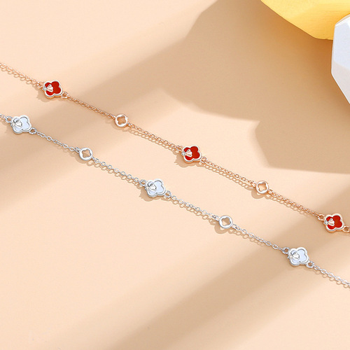 925 sterling silver four-leaf clover bracelet for women, Korean style forest style small lucky ginkgo leaf rose gold red agate ins hand jewelry