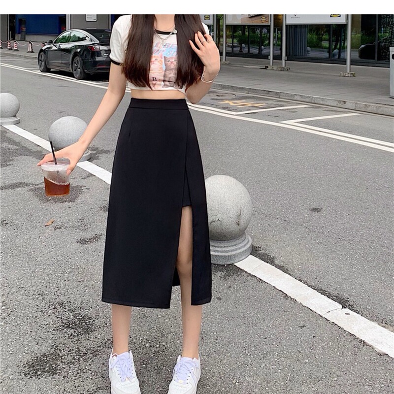 French Hepburn Style Half-length Skirt New Style Western Style A- Line Skirt High Waist Slimming Dipped Side Split Long Skirt