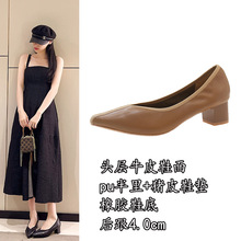头层牛皮浅口复古跟鞋2025春季新款真皮粗中跟软皮V口尖头单鞋女
