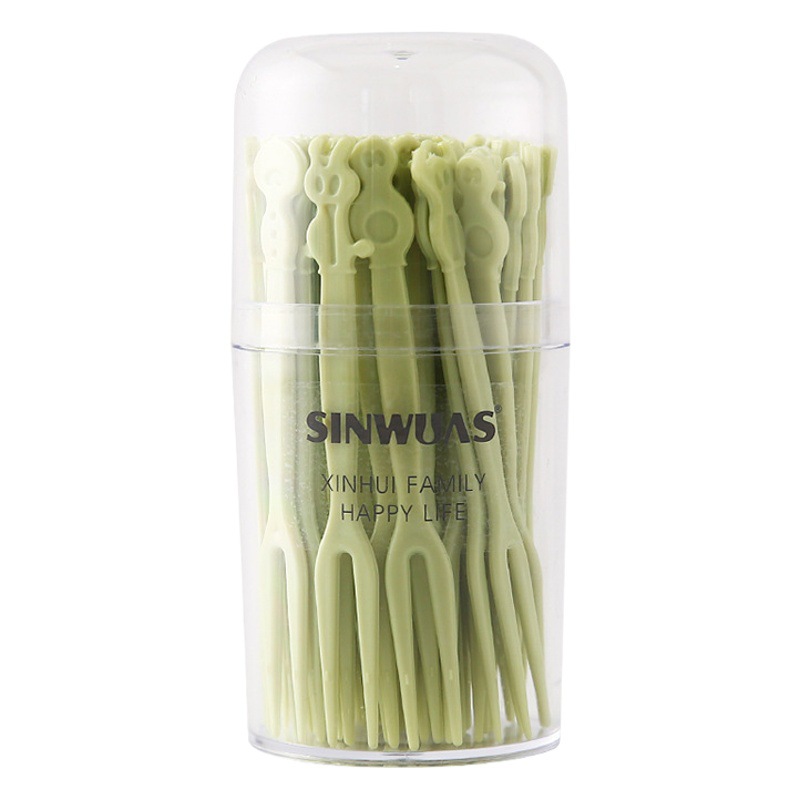 Tenedor de fruta desechable animal de dibujos animados en caja 50 Tenedor de pastelería de plástico Tenedor de fruta de color Tenedor de pastel de dos dientes