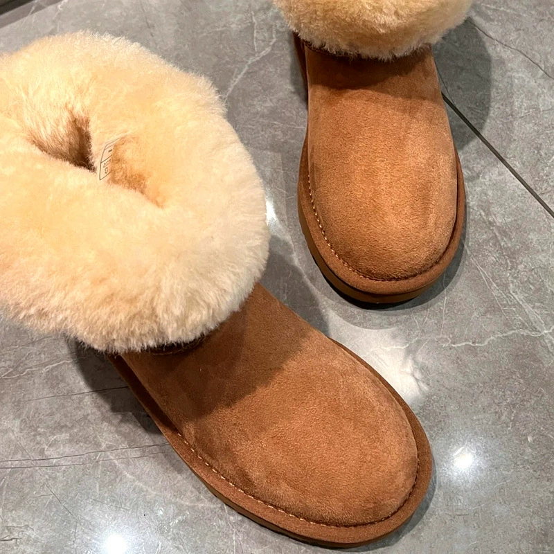 Новые 2024 mid -tube high tube thick sheepskin and hair all -in -one female snow boots leather cotton shoe high -top Sangpo village to keep warm