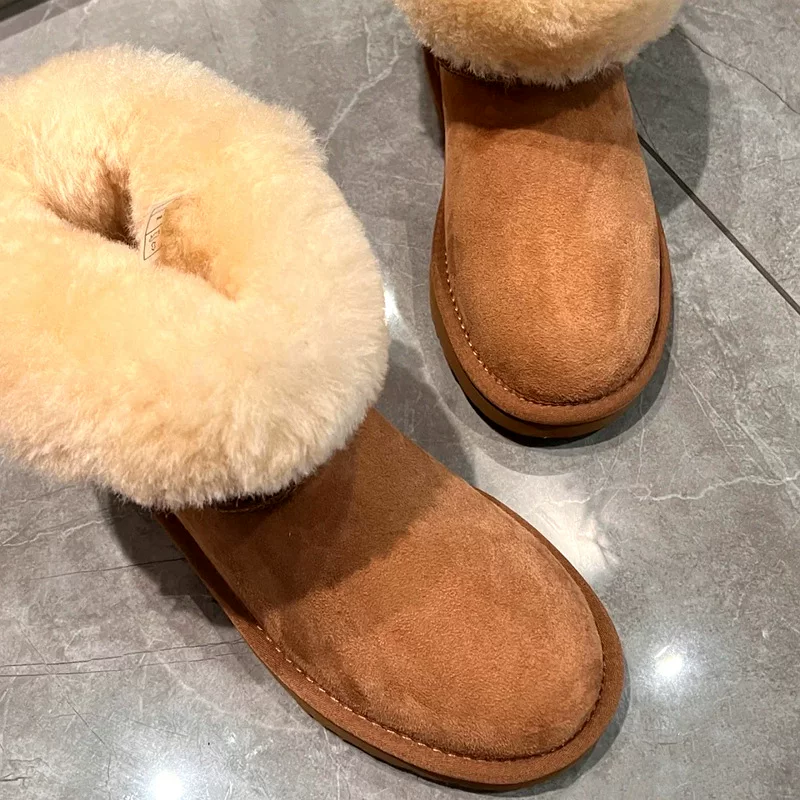 Новые 2024 mid -tube high tube thick sheepskin and hair all -in -one female snow boots leather cotton shoe high -top Sangpo village to keep warm