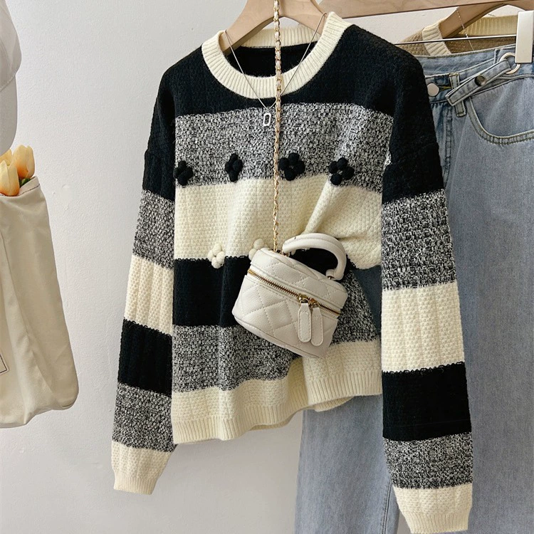 Женский трикотажный пуловер в корейском стиле, ленивый стиль, полоски, осень-зима 2025, новый, свободный, мягкий, с круглым вырезом, цветочный узор.