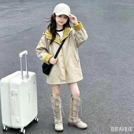 韩系女童连帽风衣外套春秋2026新款中大童百搭上衣宽松休闲冲锋衣
