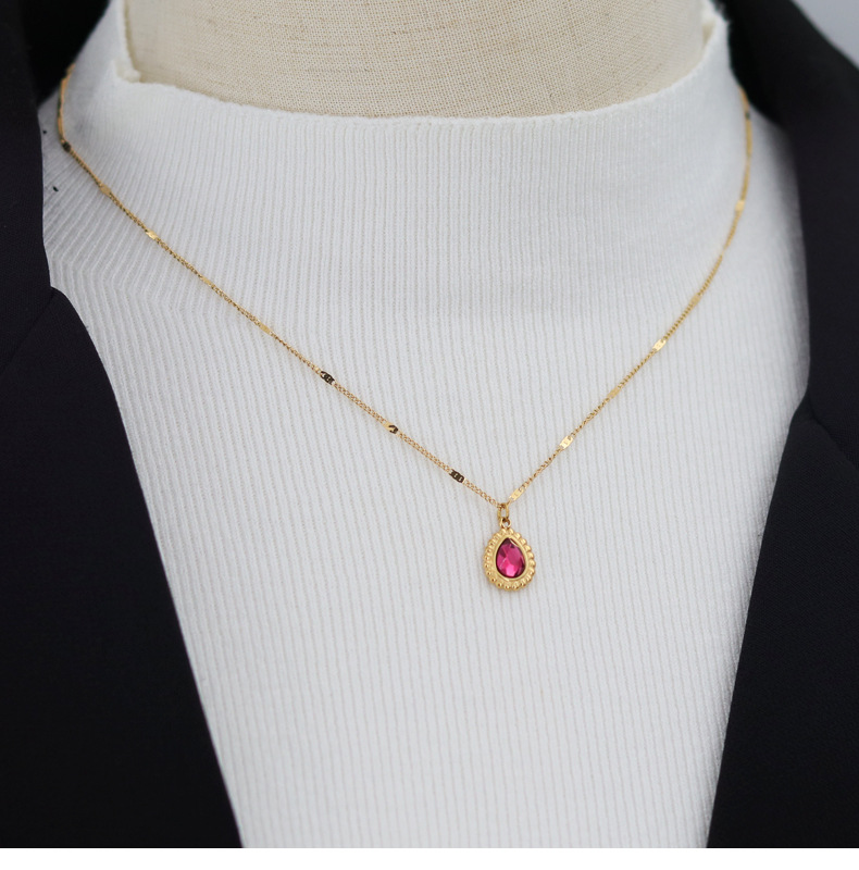 Retro Water Droplets Titanium Steel Plating Inlay Artificial Crystal Pendant Necklace 1 Piece