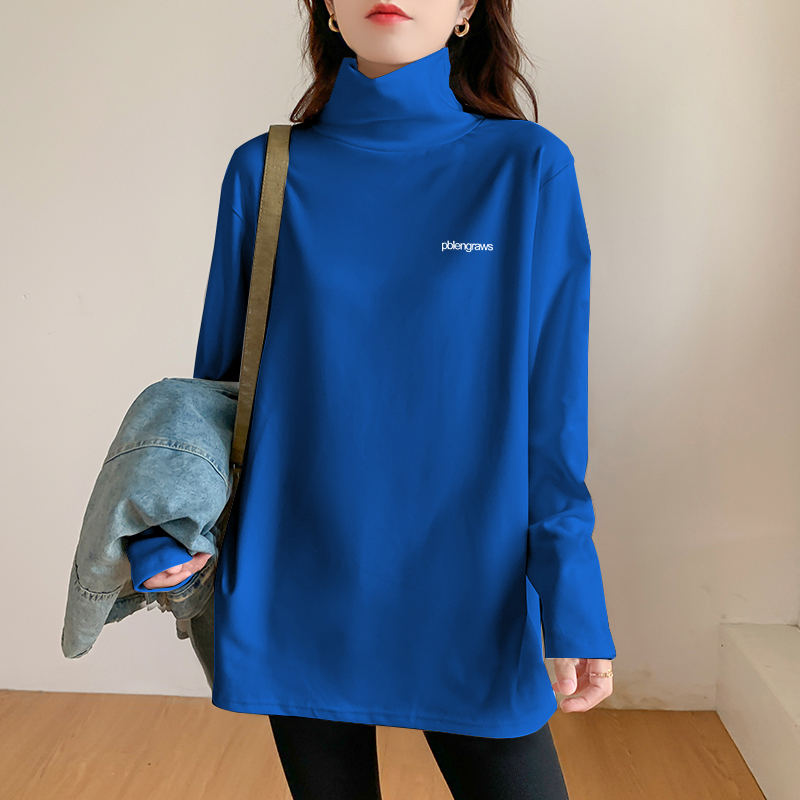 두꺼운 따뜻한 느슨한 플러스 사이즈 중장 최고 서양식 긴팔 티셔츠 여성용 트렌디 하이 칼라 베이스 셔츠