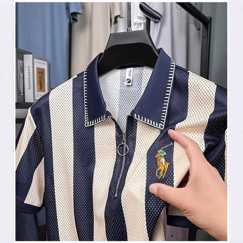 男性2025夏の襟付きネットシャツの透かし彫り半袖漁網服のファッション紳士服のストライプpoloシャツのヨーロッパコードの緑色|undefined