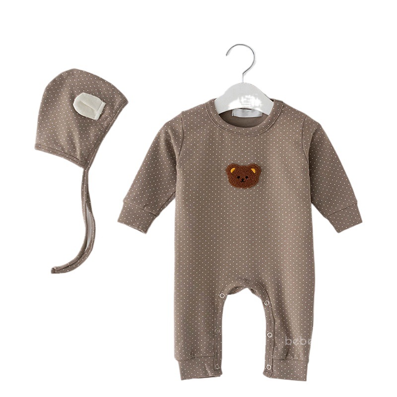 INS estilo coreano primavera y otoño bebé lindo oso impreso escalada larga recién nacido algodón todo fósforo casual mameluco con capucha