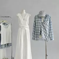 Комплект из трех предметов больших размеров для полных девушек, корейский стиль, ленивый стиль, синяя клетчатая рубашка с длинными рукавами, женский летний новый жилет, широкие брюки