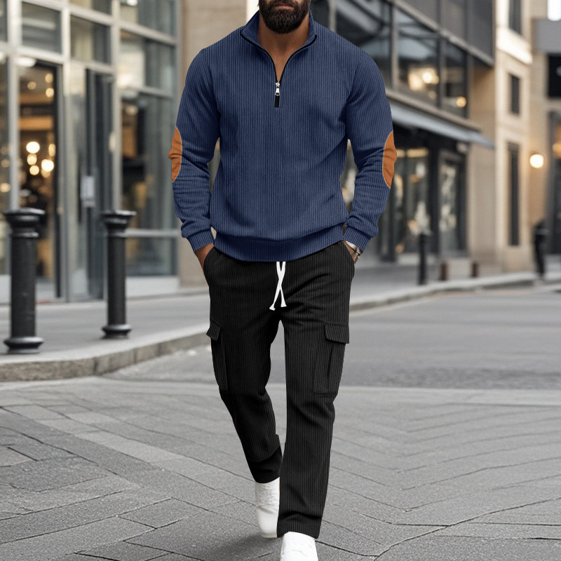 Men's Corduroy Quarter-zip Pullover And Trousers Lounge Set_voghion.com