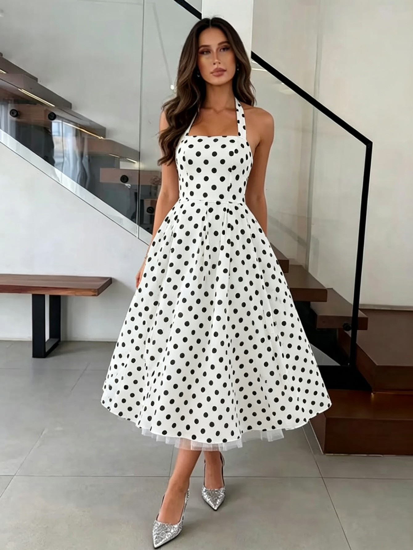 A395 Europa y los Estados Unidos vientos transfronterizos adelgazamiento casual ropa de mujer cintura reducida punto de onda A-falda sin mangas para salir vestido de cabina