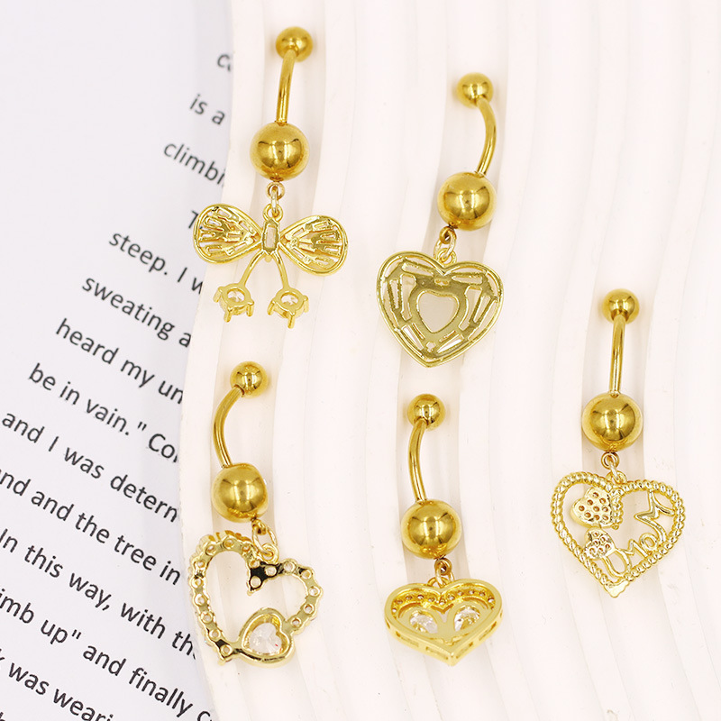 Belly Button Ring With Heart Bow Zircon And Moon Piercing Jewellery_voghion.com
