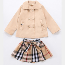 2024女童套装春秋儿童双排扣风衣小外套+蝴蝶结装饰松紧腰格子裙