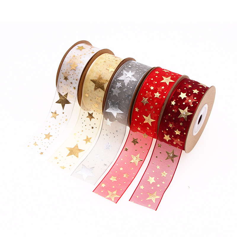 Cross-border 25mm*10m Osnaburg Foil-embossed Gold and Silver Star Ribbon Gift Packaging Christmas Decoration